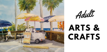 painting, food cart, umbrellas, palm trees, adult arts & crafts