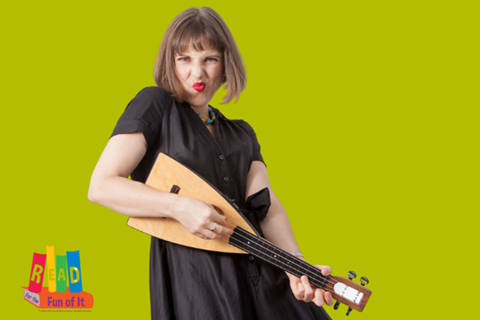 Musician Alina Celeste on green background playing a fluke ukelele, Read for the Fun of It logo