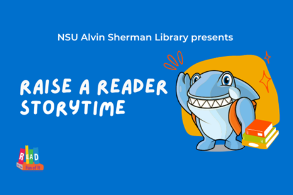 Cartoon shark waving hello on a blue background with books