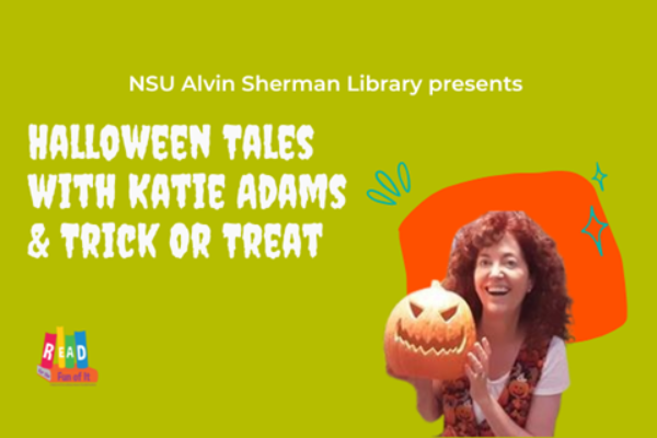 Katie Adams holds a jack-o-lantern against a green background