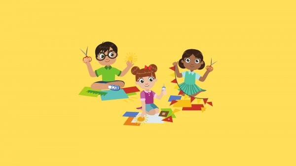 Three cartoon children crafting on a yellow background