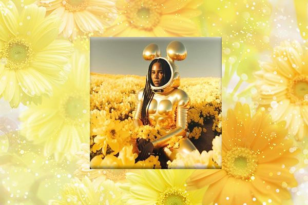 girl in yellow space suit sitting in field of yellow flowers