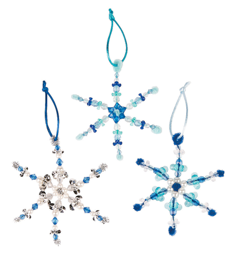 Trio of blue and white snowflake ornaments made from beads