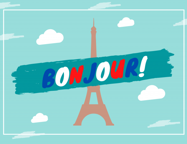 Text spelling out Bonjour over the Eiffel tower and a teal sky background with white clouds