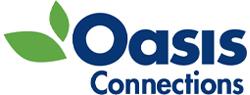 Oasis Connections logo. Blue text with green leaves.