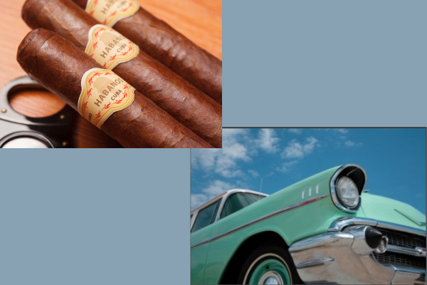 cigars and a blue vintage car
