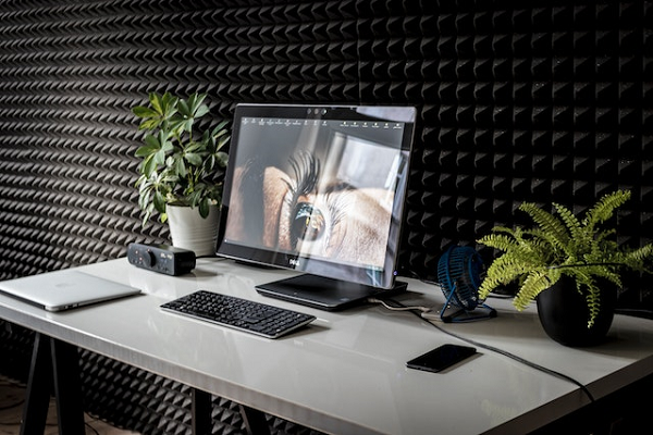 Desktop computer on a white desk with plants to the sides of it in front of a black textured wall
