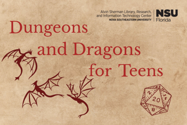 3 dark red dragons and a d20 with the 20 up, text reads Dungeons and Dragons for Teens