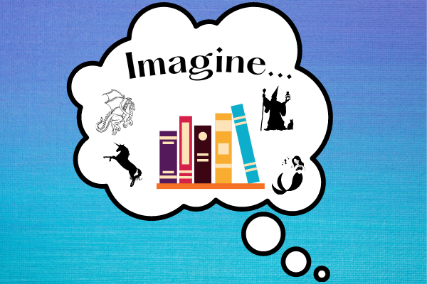 books and imaginary figures in a cloud