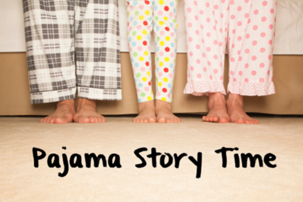 three pairs of feet and the words pajama story time