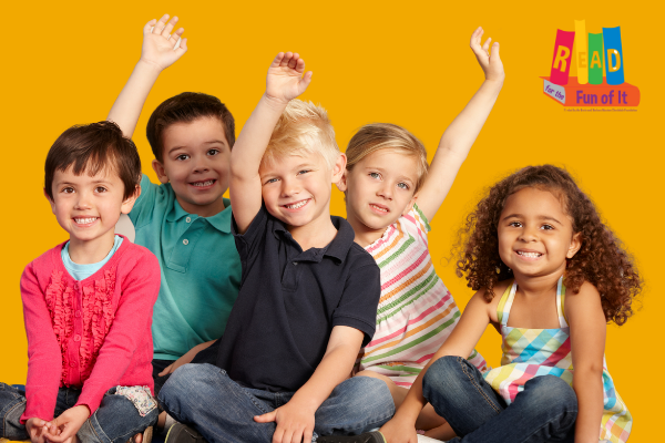 a group of seated children on an orange background with Read for the Fun of It logo in upper right corner