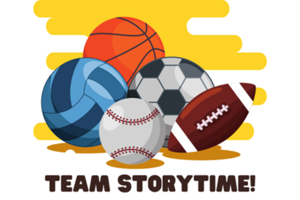 Sports equipment on  a yellow and white background, above the words "team storytime"