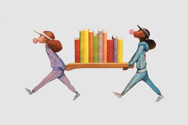 Shows 2 children carrying a shelf of books.