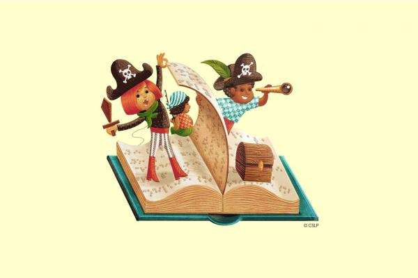 Shows an image of 3 kids dressed as pirates standing on an open book.