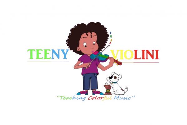Shows a child playing a violin and a dog playing the drum along with the words 