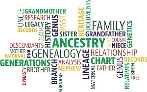 word map made of words describing aspects of genealogy
