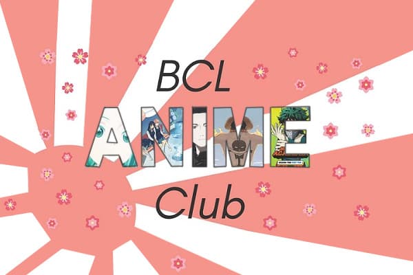 BCL Anime Club Logo, a pink sun flare behind lettering and star shaped sparkles